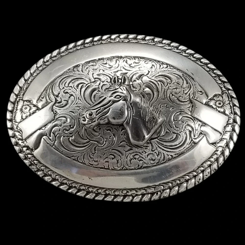 Crumrine Oval Silver Tone Horse Western Cowboy‎ Belt Buckle Ornate Scrollwork